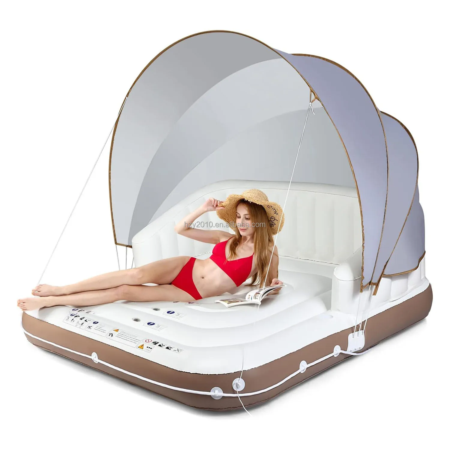 High Backrest Armrest Floating Inflatable Island Raft with Retractable Canopy