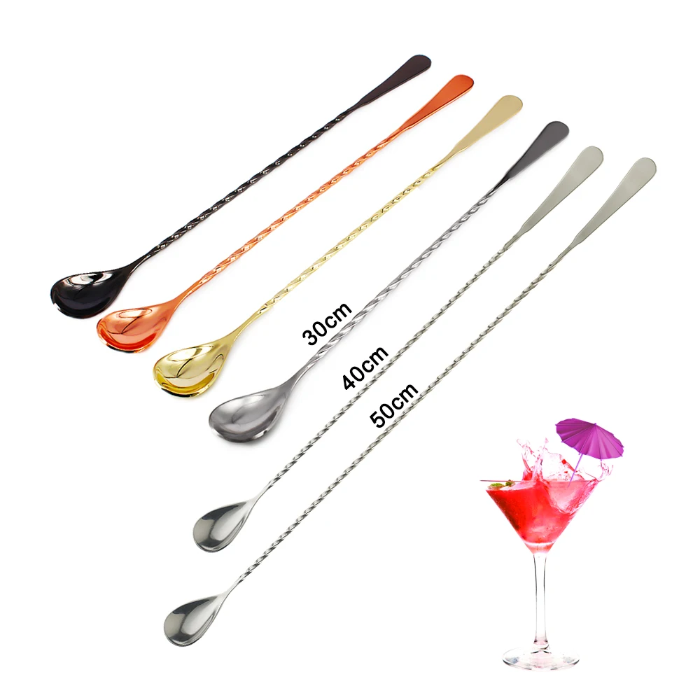 Flat End 30/40/50cm Cocktail Mixing Spoon Stainless Steel Bartender Tool Long Handle Coffee Viski Cocktail Stirring Barspoon