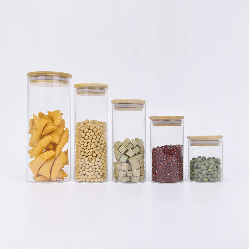 Wholesale round glass jars bamboo lid glass Food canisters used for Nuts Spice Candy Tea