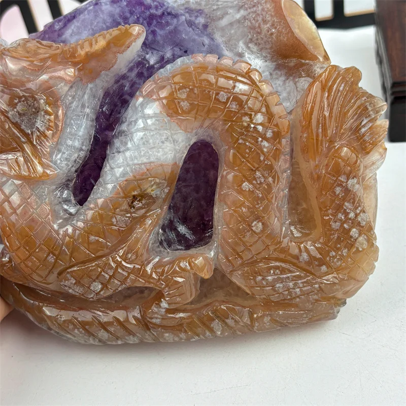 High Quality Crystal Polished Carvings Indian Druzy Agate Flying Dragon For Home Decoration