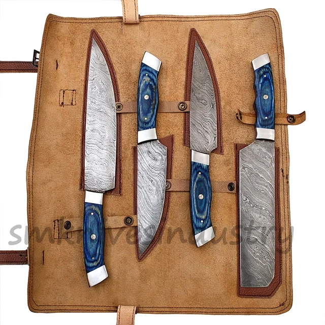 Набор кухонных ножей ручной работы с двойным болтом и кожаным набором (Smk1300), 4 шт.