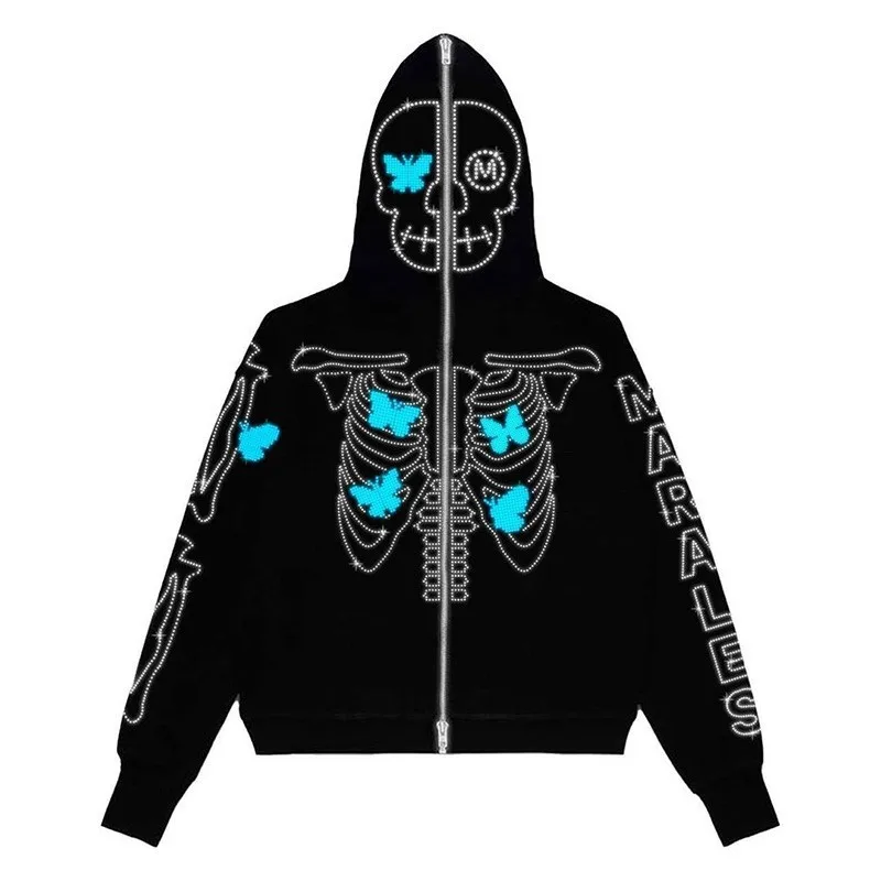 Punk Goth Aesthetic Over Face Rhinestone Streetwear Pullover Unisex Y2k Full Zip Up Hoodies hommes