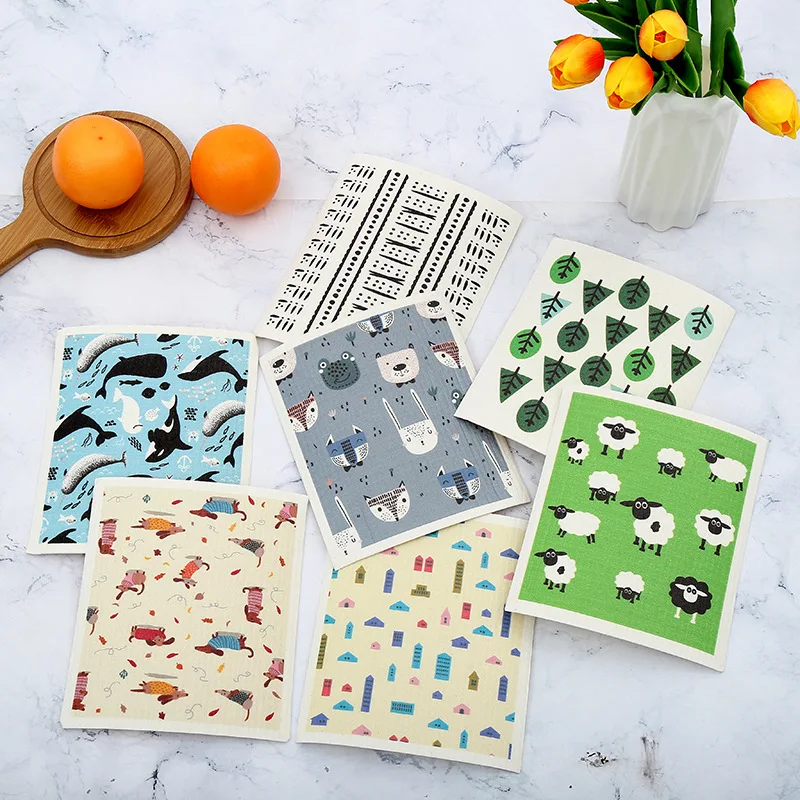 Dish Sponges Rags Absorbent Dishcloth Wood Pulp Sponge Cleaning Cloths Wet Dry Household Kitchen Rag Dishwashing Scouring Pad