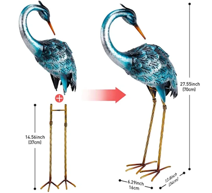 Metal Crane Garden Statue Blue Heron Decoy Metal Birds Yard Art with Solar Lights for Outdoor