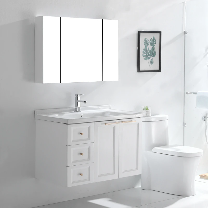 Top Grade Wholesale Wall Mounted White High Glossy painting PVC Ceramic Basin Bathroom Vanity with Mirror