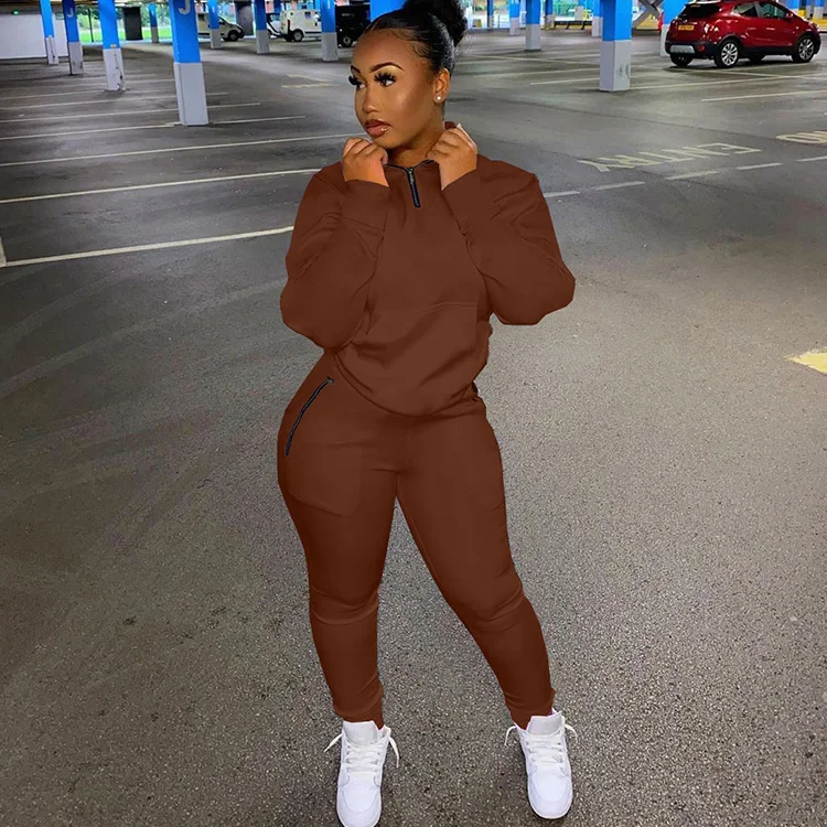 Custom Fall Winter Zip Stand Collar Sweatshirt Two Piece Set Solid Casual Outfits Pockets Pants Sweat Suit Tracksuits For Women