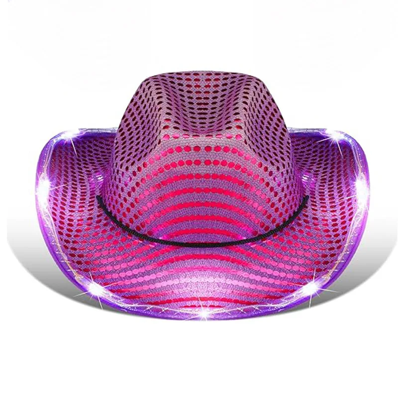 High Quality Bulk Light Up Glitter Western Party Concert Costume Unisex Cowboy Hats With LED Flashing Lights Adjustable Straps