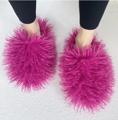 Fluffy Fuzzy Customized Tibet lambskin Faux Curly Shoe Winter Women Luxury Sheepskin Fashion Fur Slipper Mongolian Fur Slides