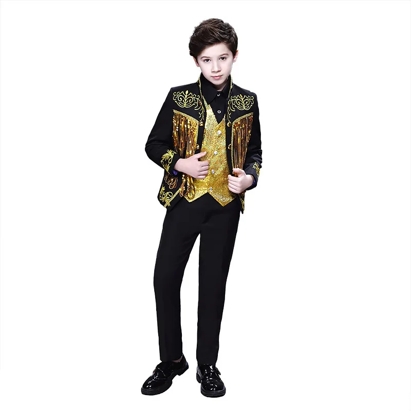 Tassels Embroidery Sequined Flower Boys Tuxedo Suits Children Wedding Party Clothing Kids School Blazer Plus Size Men Apparel