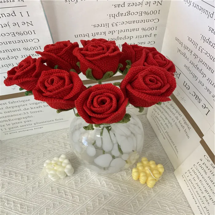 SYNew 40CM Crochet Flowers With Stems Roses With Leaves And Greenery For DIY Wedding Bouquets Centerpieces Home Dedication