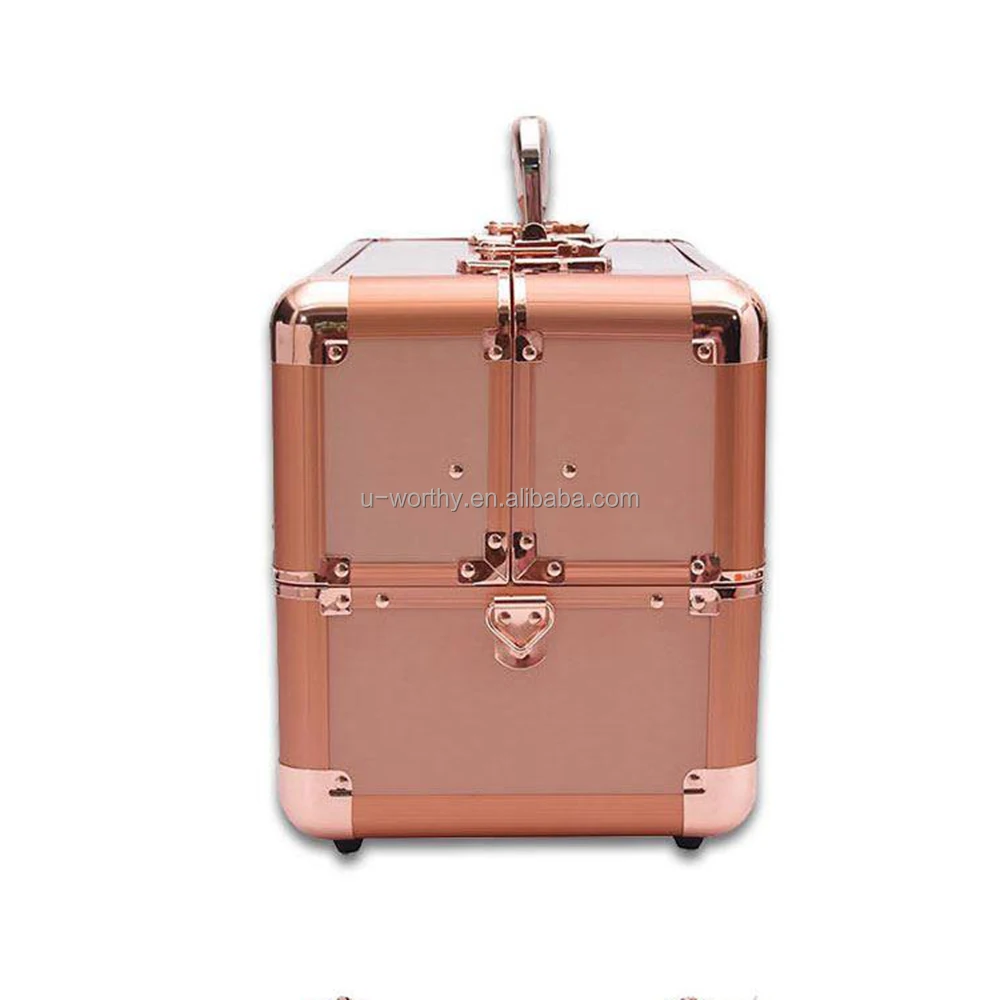 Instock Ready to Ship Easy Carrying Silvery Golden Color Multilayers Aluminum Cosmetic Case Vanity Case Make Up Case with Trays