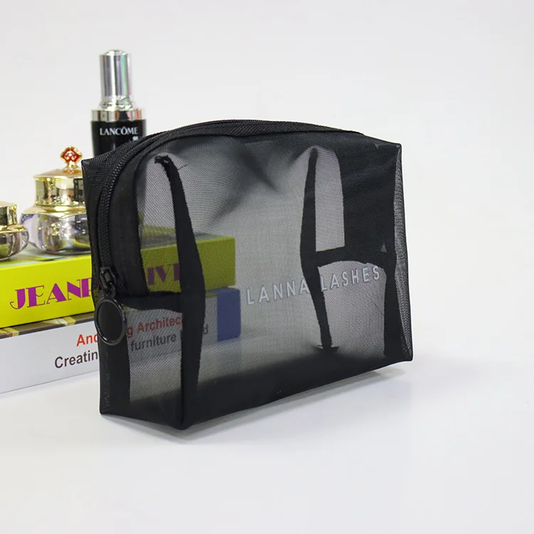 Оптовая продажа, многоразовая черная нейлоновая косметичка на молнии с логотипом на заказ