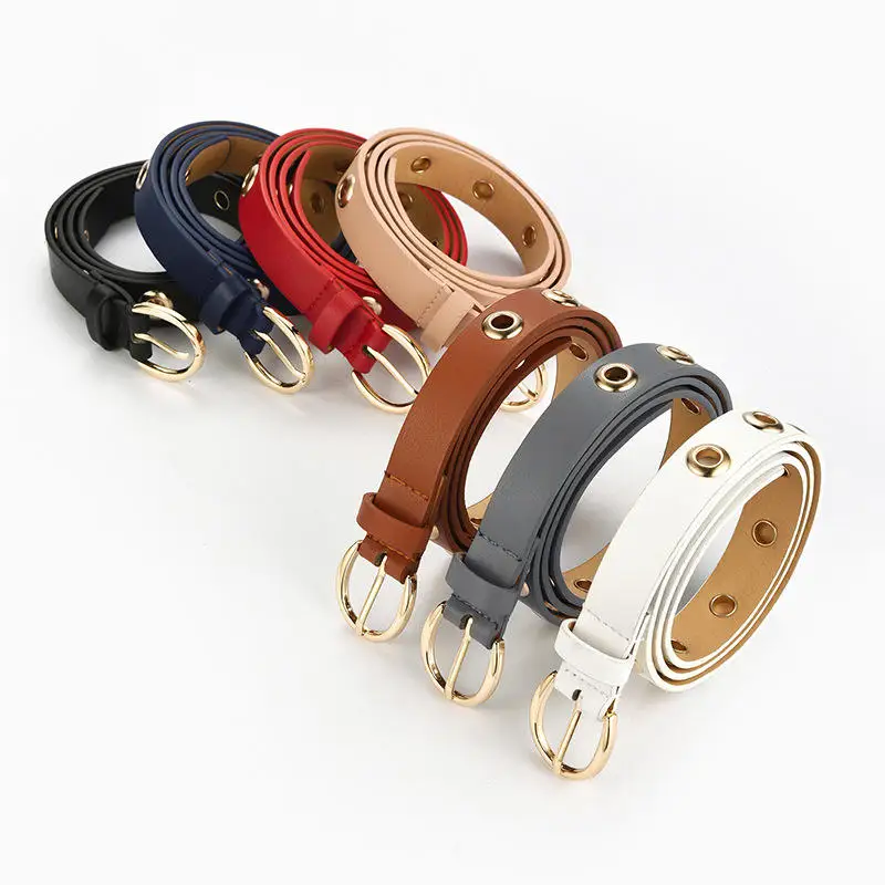 Women Casual Punk Red White Camel Brown Alloy Eyelets Pu Leather Belt For Women Female