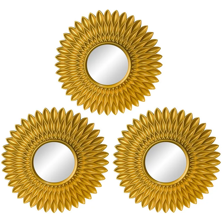 3Pcs Nordic Decor Round Sunburst Hanging Wall Mirror PVC Plastic Sun Shaped Gold Silver Background Decorations Wall Mirror