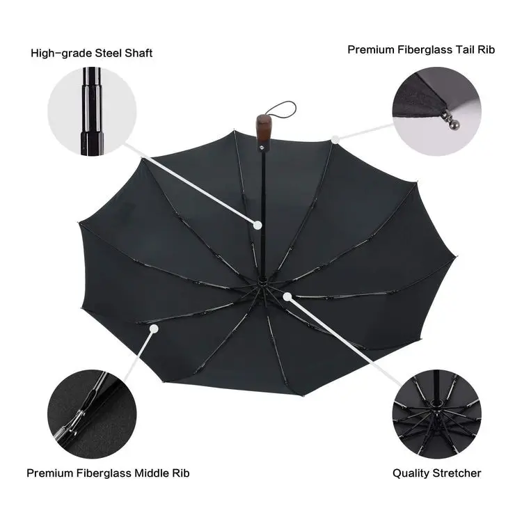 Automatic 3 Folding Black Windproof Compact Lightweight wholesale travel top quality black windproof auto open close Umbrella