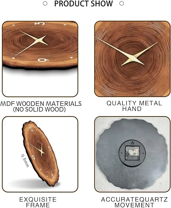 Living Room Decor Wooden Wall Clock - Rustic Wall Clock Battery Operated 12 Inch - Non-Tickling (MDF Material, No Solid Wood)