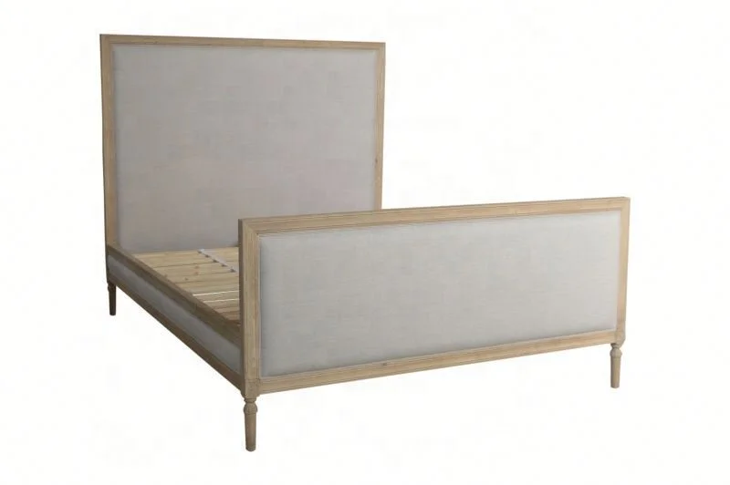 HL025 Antique Natural Wooden Nailhead Trim Frame King Size Upholstered Linen Fabric Hotel Bed with Footboard Woodcarving Legs