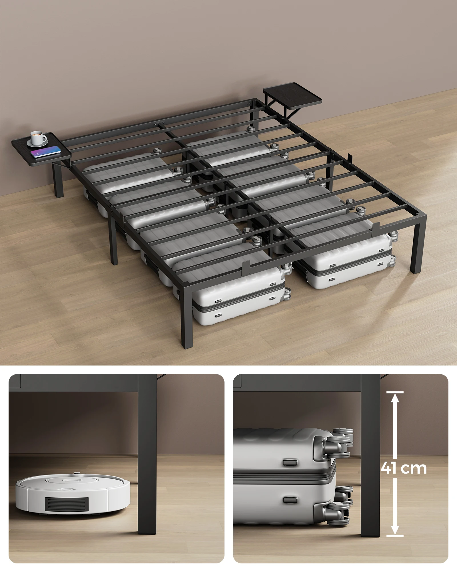 VASAGLE Modern Apartment industrial Metal Platform Bed Frame With Storage shelf