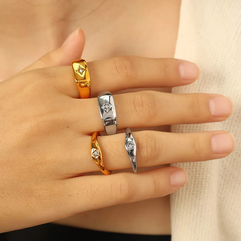 Wholesale Ready to Ship stainless steel ring CZ zircon star geometric shaped gold plated finger rings set