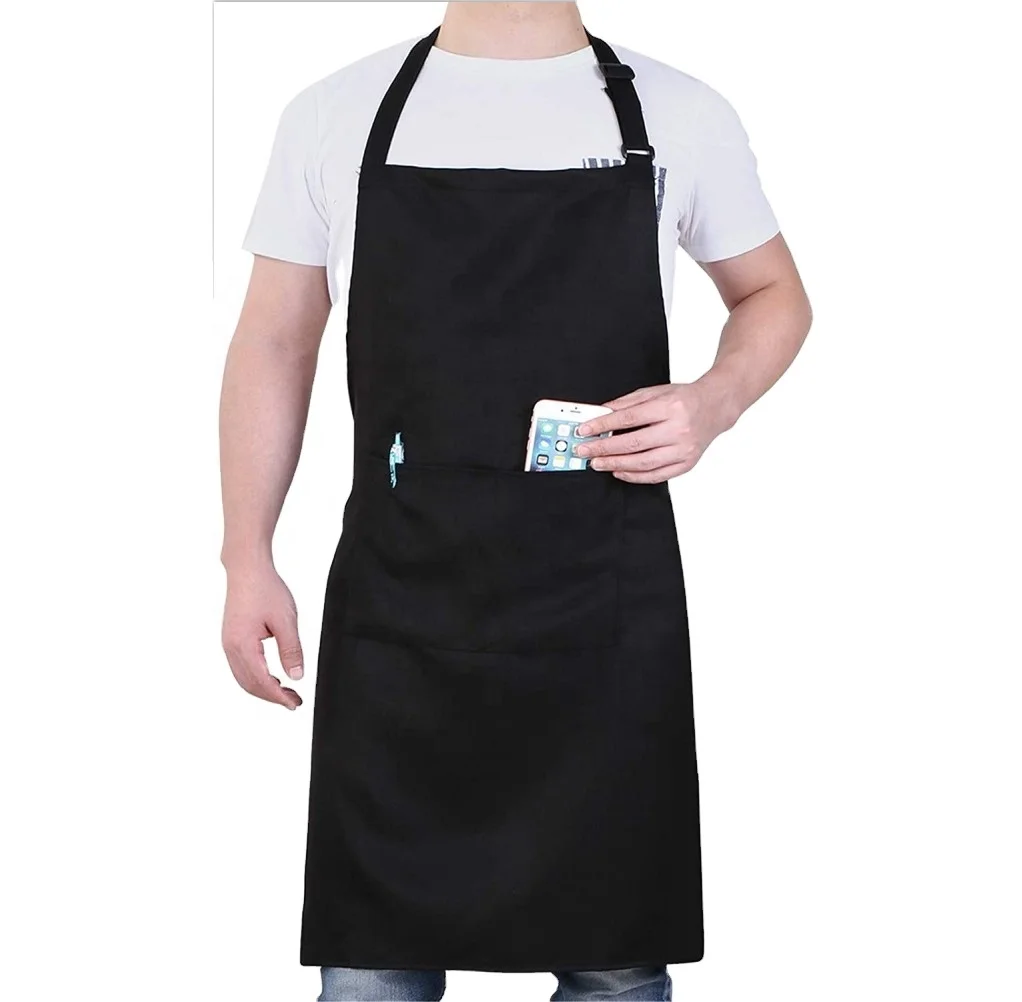 Wholesale Adjustable Black Bib Apron with Pockets Cooking Kitchen Aprons for Restaurant