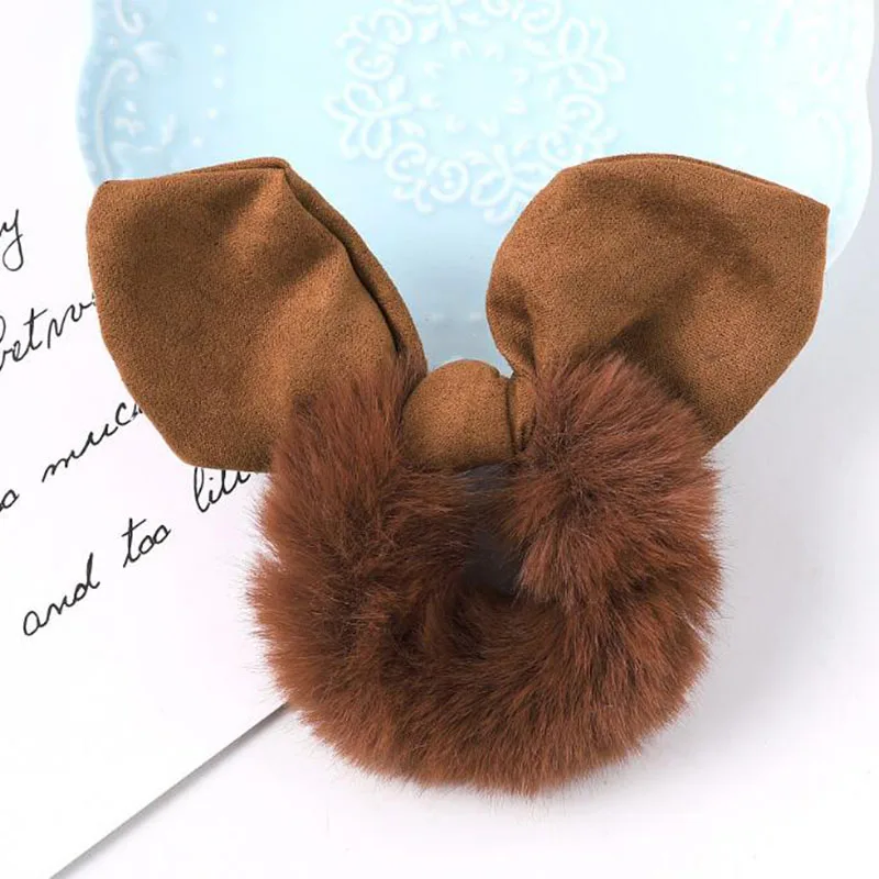 Wholesale New Fashion Women Girls INS Fur Bunny Ear Scrunchies Plush black hair ties