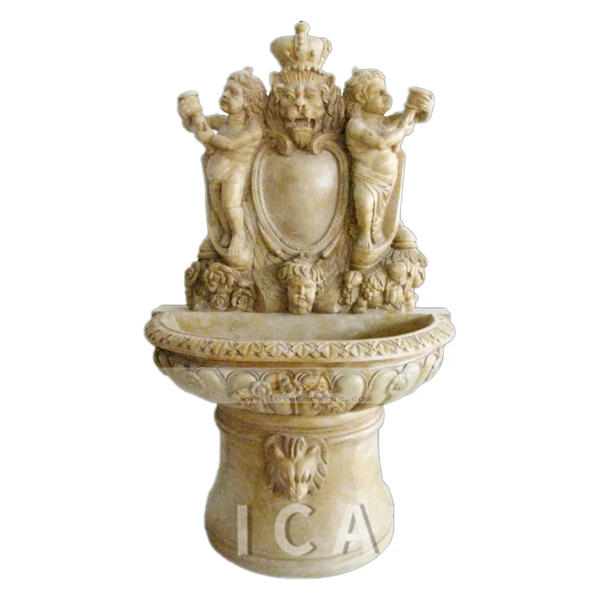 High quality hand carved yellow marble wall fountain with woman and boy statue for outdoor and indoor decorative