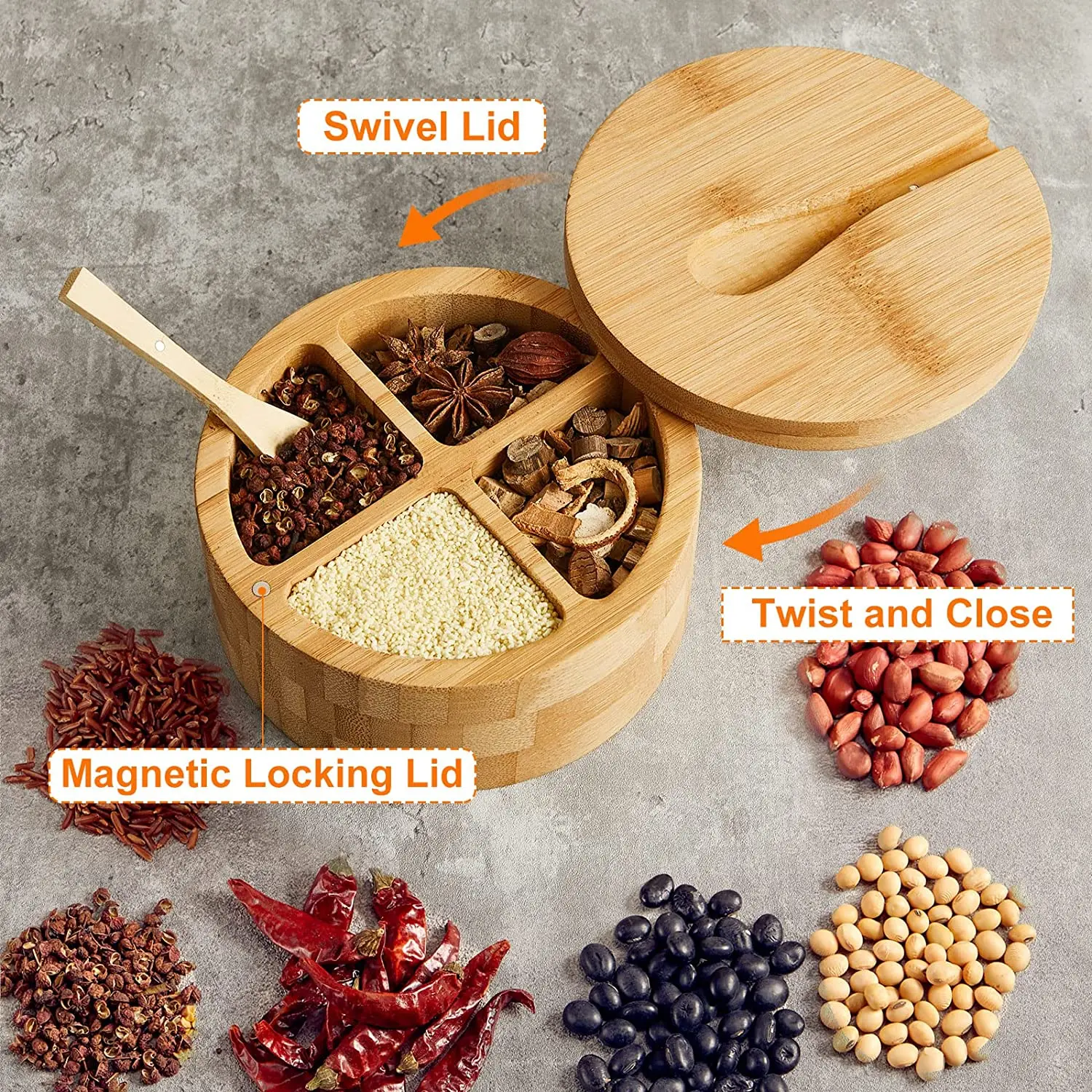 Bamboo Salt Box with Spoon Spice and Seasonings Storage Container with Swivel Magnetic Lid Round Condiment Salt Jar