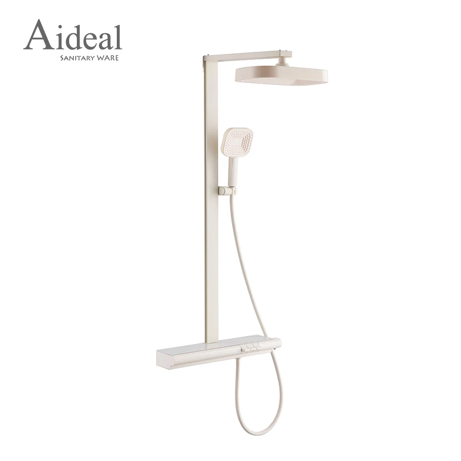 Aideal prime design milk white thermostatic shower mixer faucet with sliding bar and large storage shelf