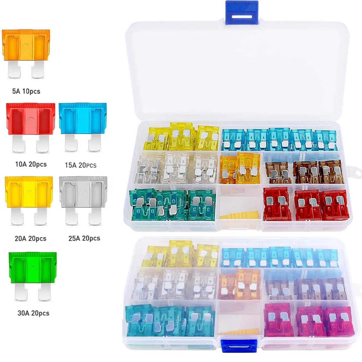 120 pcs Standard Fuse Assortment kit 5, 10, 15, 20, 25, 30 AMP, Regular APR/ATO (Open)/ATC Blade Fuses for Cars, Trucks