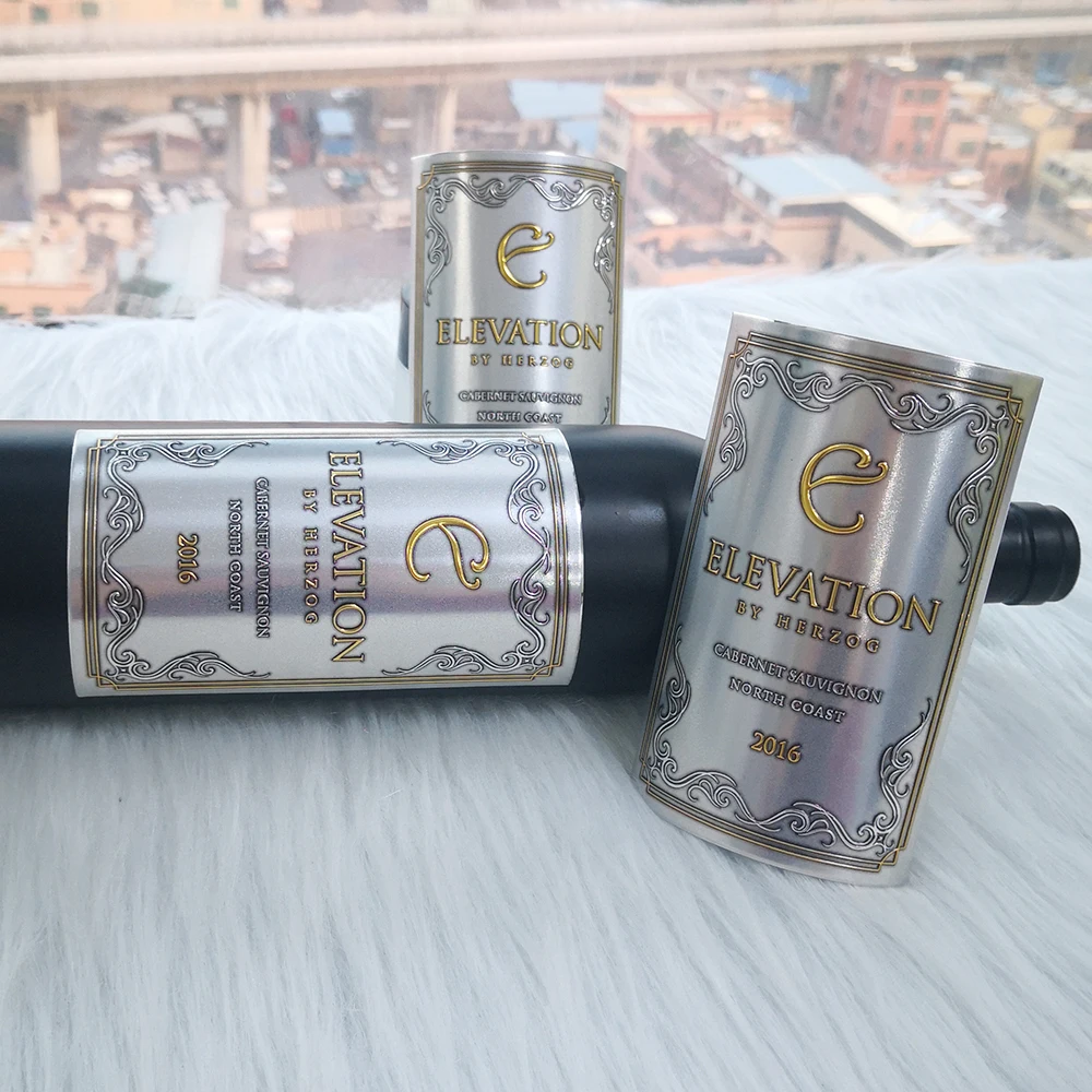 Custom printed adhesive wine logo metal label sticker embossed private label wine metal brand logo sticker
