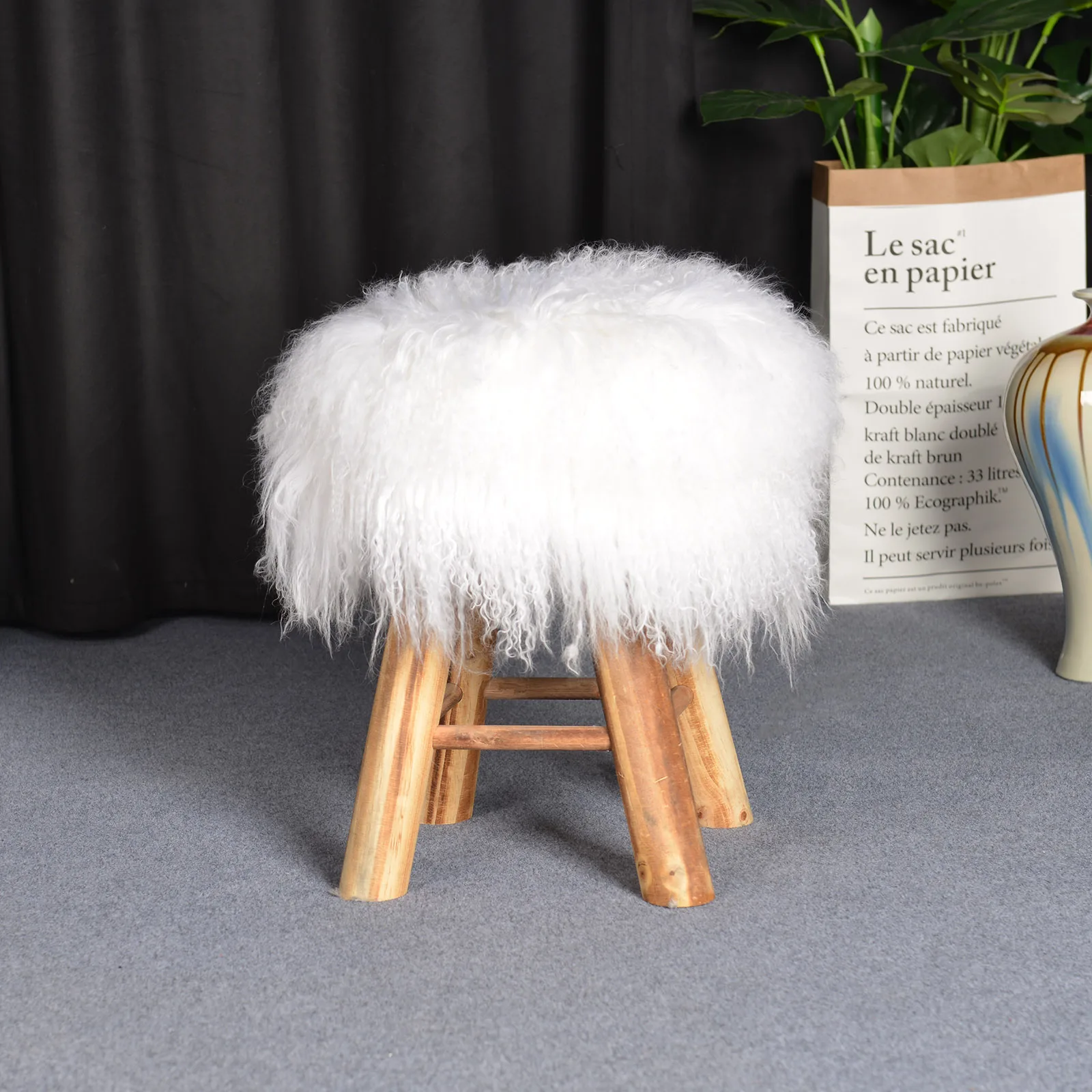 Northern Europe Modern Simple White Tibet Sheep Fur Stool Solid Wood Bedroom Make up Change Shoes Stool