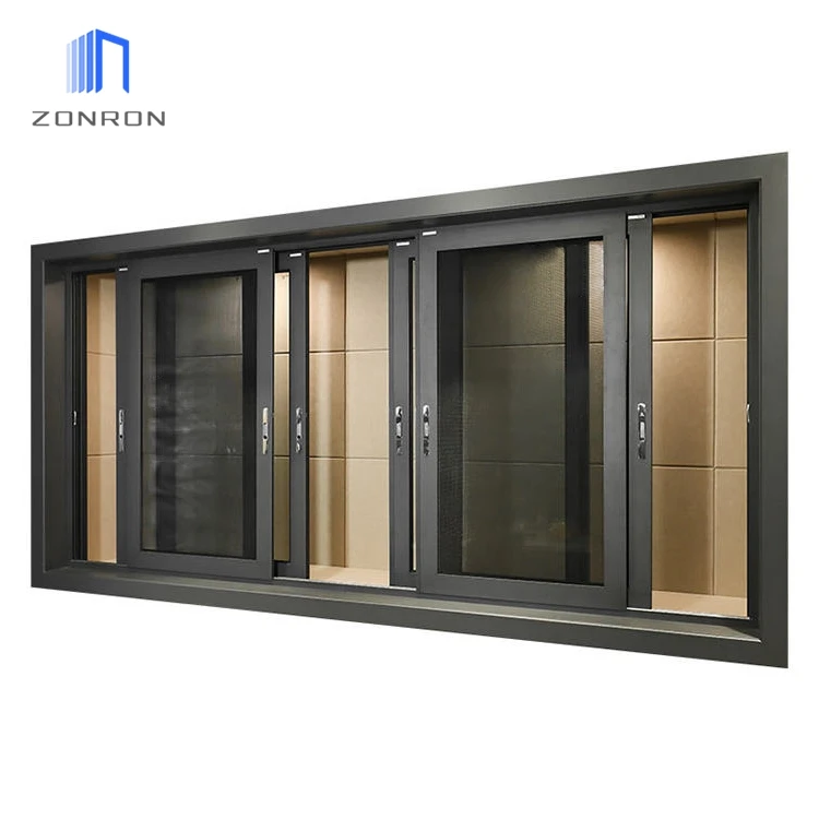 Zonron Good Quality House Residential Double Glazed 3 Tracks Sliding System Windows Security Windows Aluminium Sliding Window