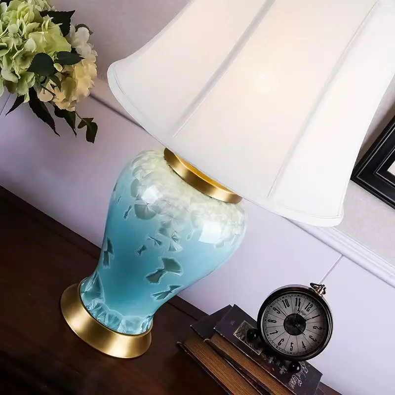 American style blue led e27 office ceramic lamp plug can be changed slim vase body table lamp