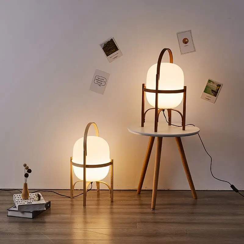 Japanese Wood Lantern Table Lamp White Glass Wabi Sabi Bedside Lamp Modern Table Floor Lamp For Living Room Hotel Lobby Hallway