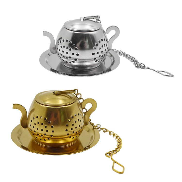 High quality gold plated stainless steel tea infuser teapot shape with chain handle tea strainers