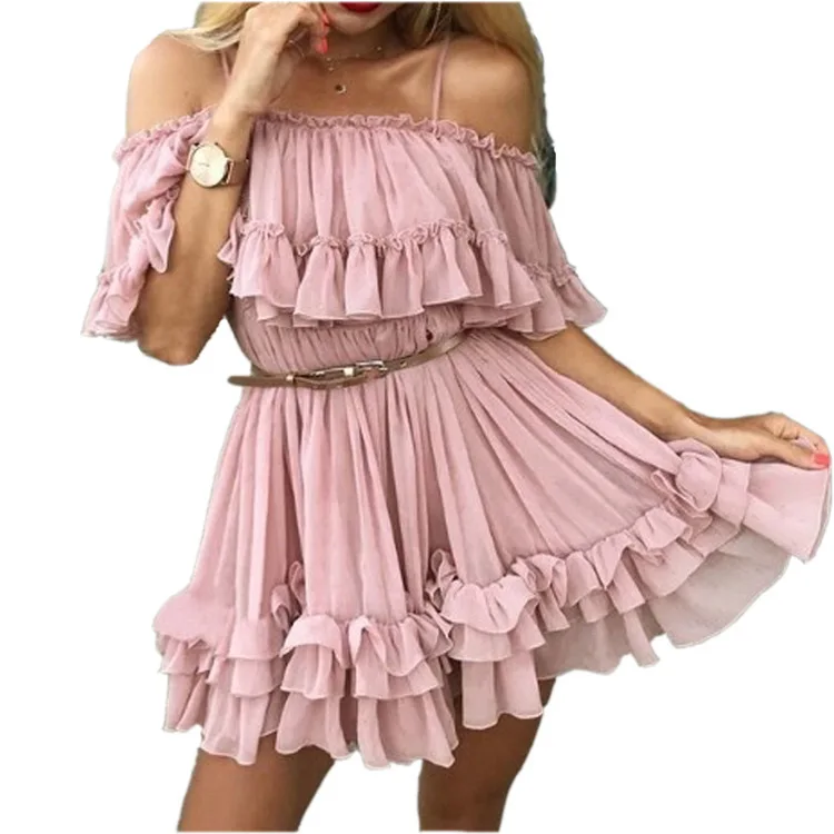
Off shoulder strap chiffon summer dresses Women ruffle pleated short dress pink Elegant holiday loose beach mini dress 