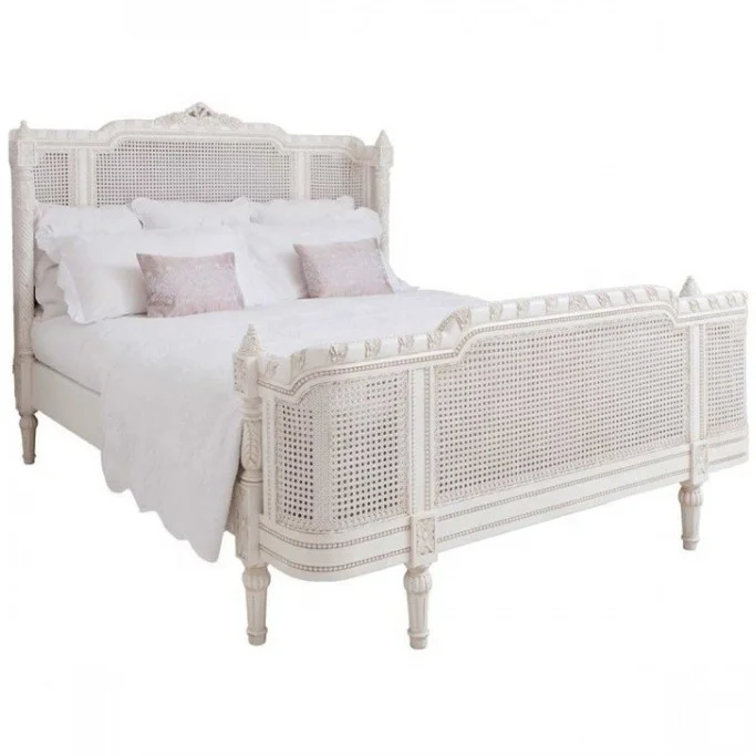 High Quality french farmhouse classic antique white wooden rattan queen king bed design furniture