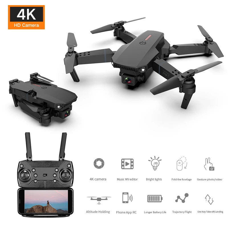 
Quadcopter WiFi FPV Drone E88 with Dual 4K HD Camera and Wide-Angle Live Video Mini Drone 4 Axis Mini UFO Drone Stable Height 