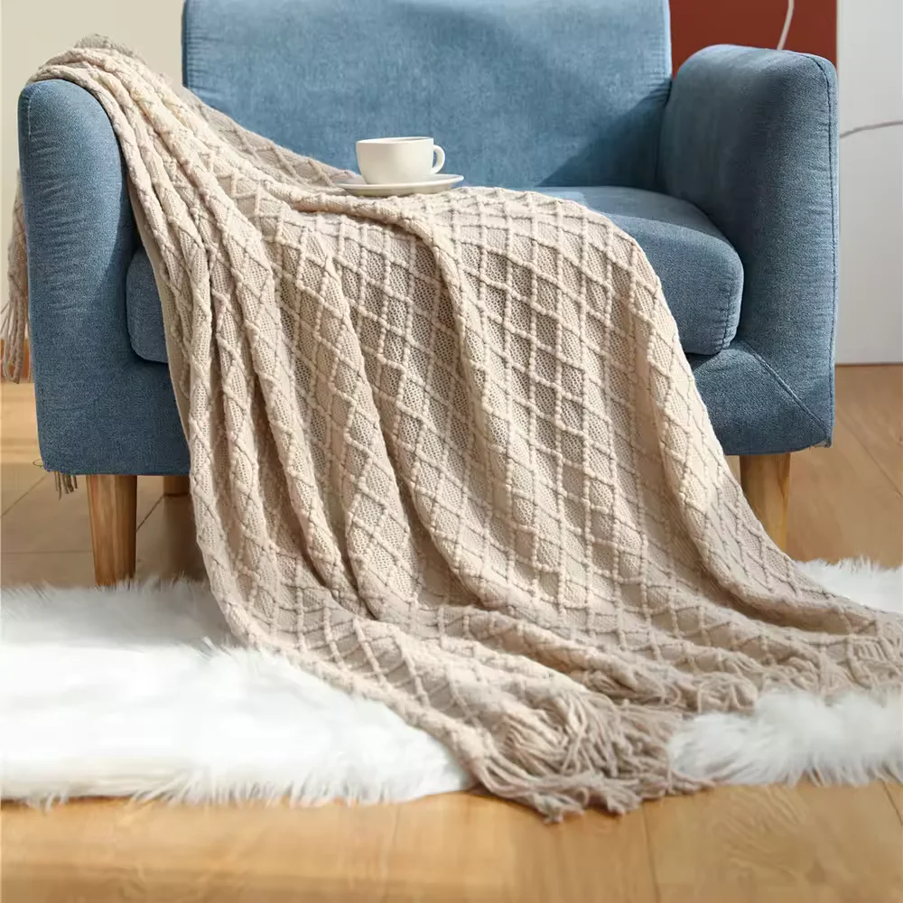 Diamond Check Knitted Tassel Blanket Carpet Sofa Bed Cover Throw Blanket for Sleep Nap Wholesale