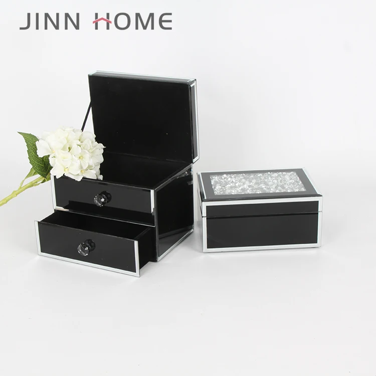 Black Luxury Glass Jewelry Box with Clear Stone Custom-Made Wedding Gift Two Layers Drawer Type Similar to a Photo Frame