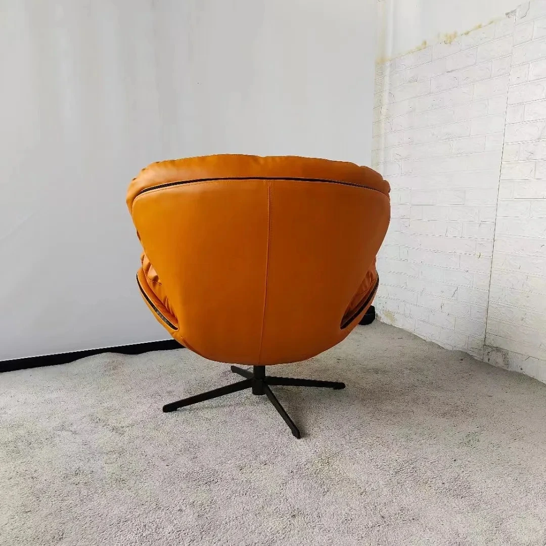Living Room Office Use Swivel Lounge Chair Vintage Genuine Leather Aviation Egg Chair Retro Style Armchair Swivel Reclining