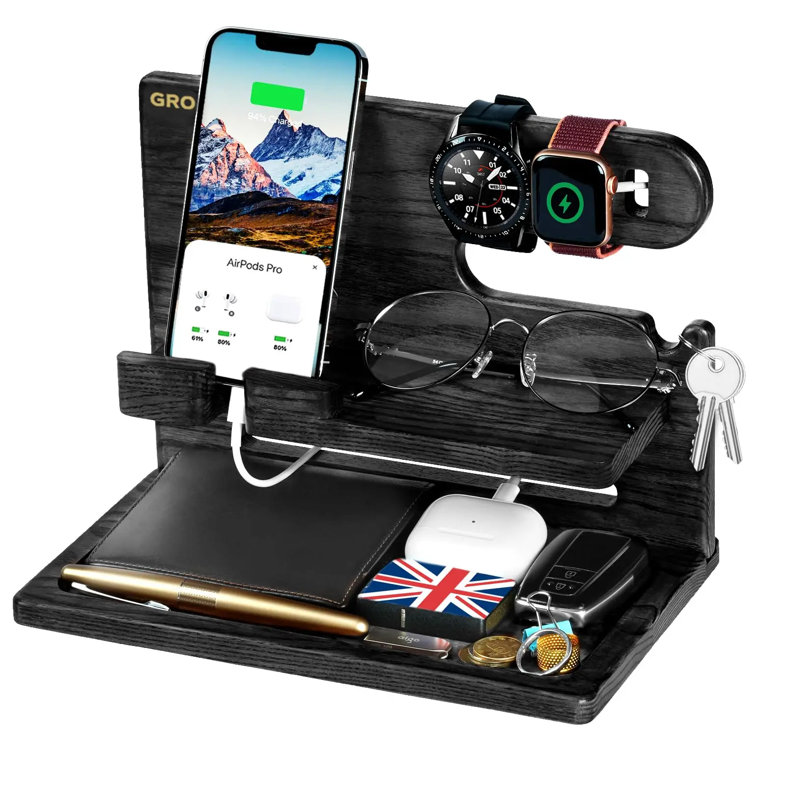 Walnut Phone Docking Station - Handmade Nightstand Organizer, Desk Organizer - Birthday, Anniversary, Christmas Gifts