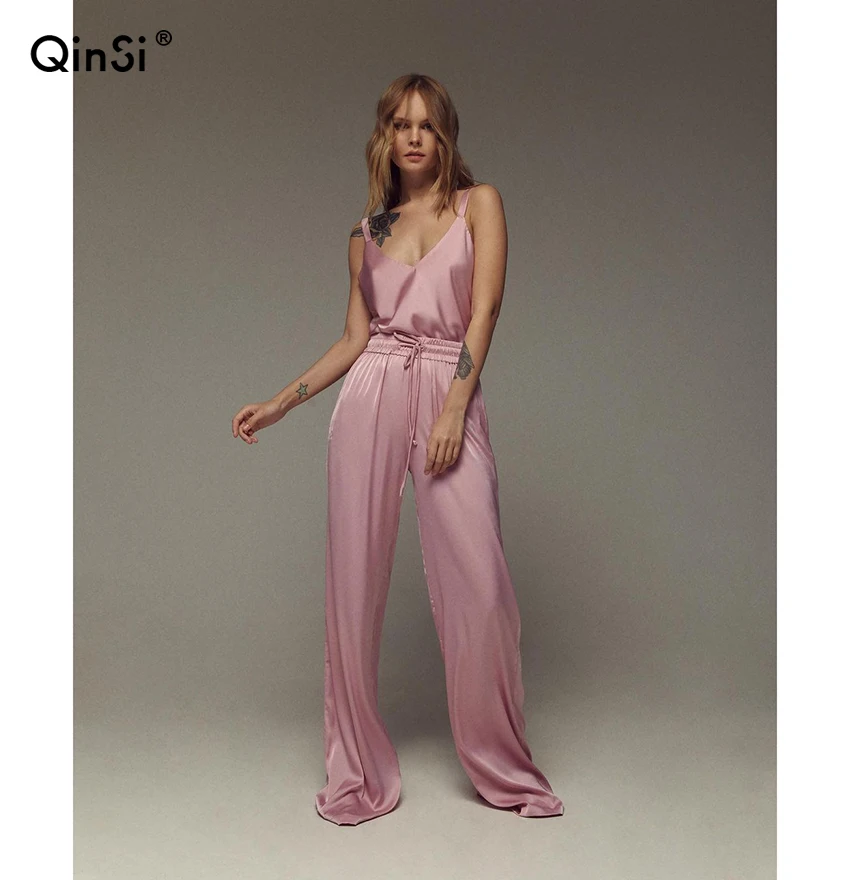  QINSI 2 Pcs Loose Lace-Up Full Length Home Pants For Women Nightgown 2022 Solid Sleepwear V Neck Pajamas Set Camisole