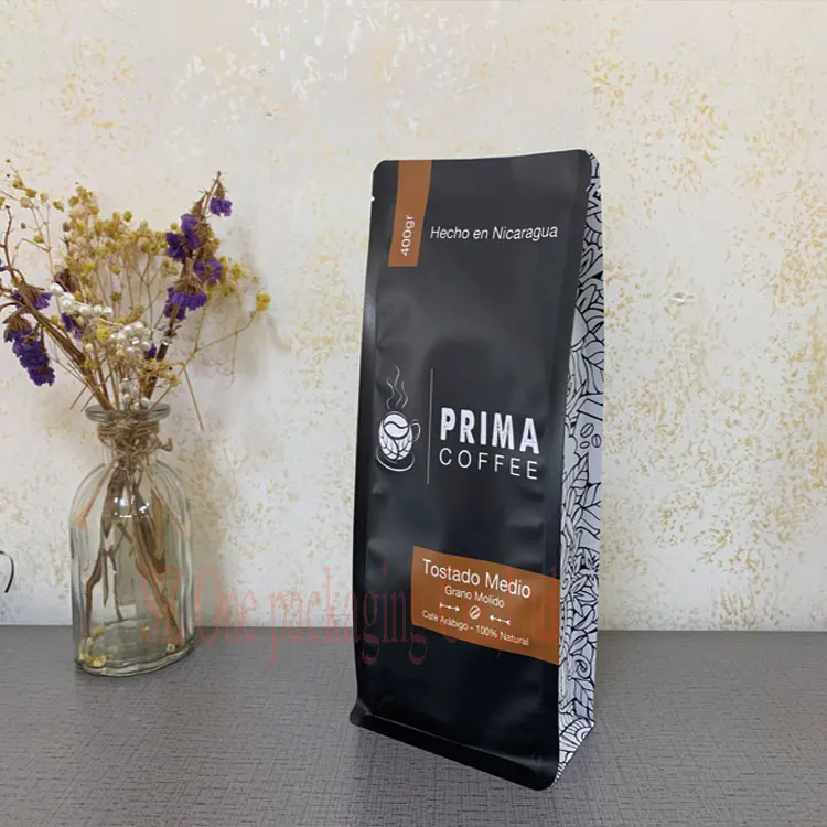 OEM ODM printed box bottom 250g 500g 1kg ground coffee bean stand up pouch packaging bag with valve zipper tin tie