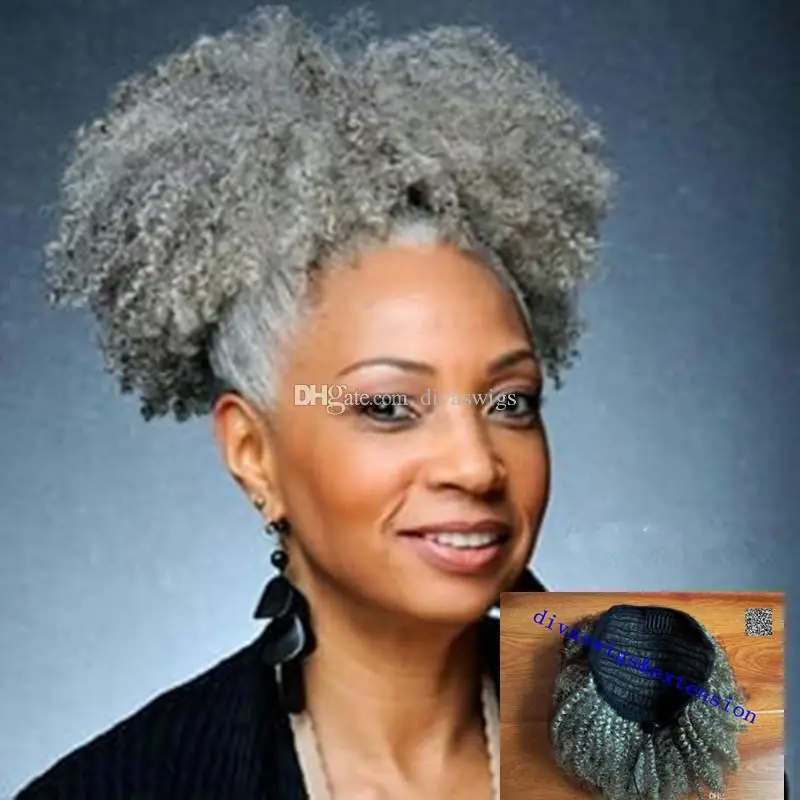 Short kinky Gray Ponytail hair extension  women hair toupee,afro grey wig kinky hair ponytail drawstring hairpiece