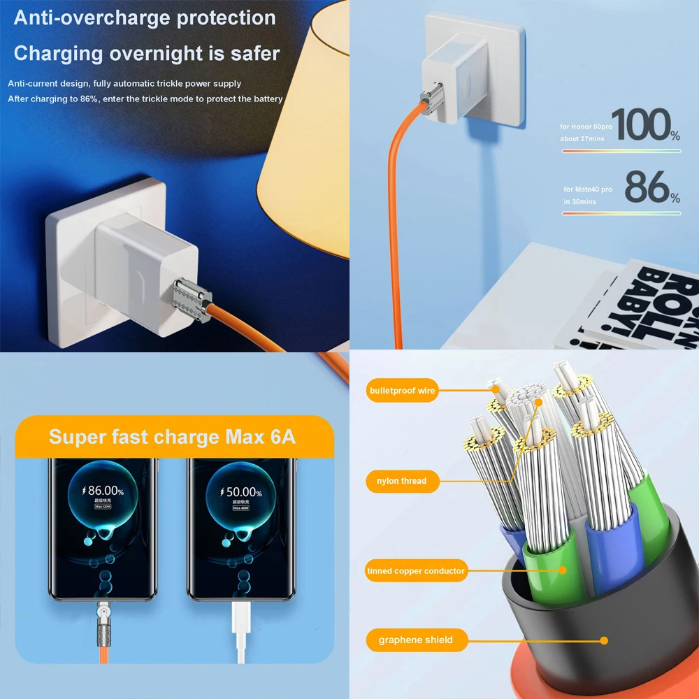 Дешевый USB-кабель с 180 градусов вращающийся металлический цинковый сплав жидкий силикон PD 120 Вт 6A супер быстрая зарядка игровой линии Type-C со светодиодом