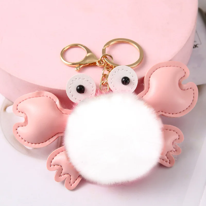 Wholesale Plush Animal Pom Pom ball Crab Keychain Fur Ball Furry Puff Ball Keychain