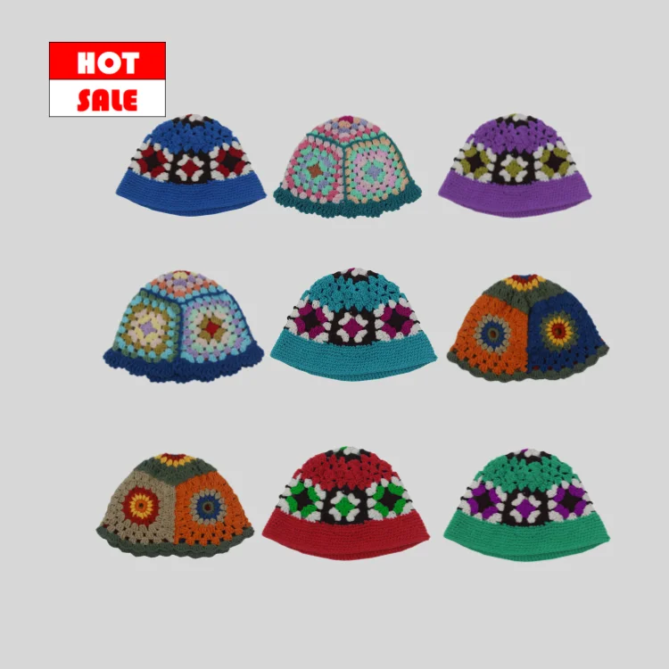 Kimtex Round brim beautiful handmade crochet Bucket Hat Knit Floral Summer Bucket Hats Sun Protective Hat