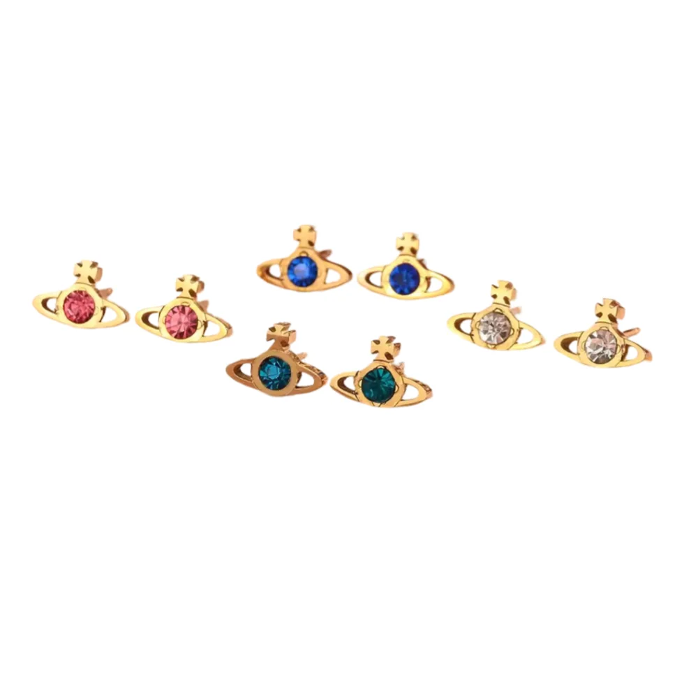 High Quality Gifts Gold-Plated Stainless Steel Cross Geometry Shape Couple Fashion Jewelry Inlaid Colored Zircon Stud Earrings