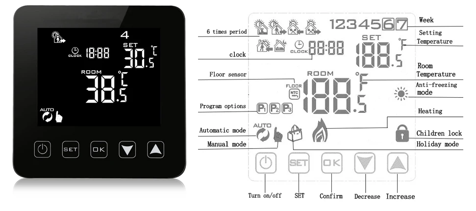 Room thermostat programmable digital display smart home floor heating thermostat 230V